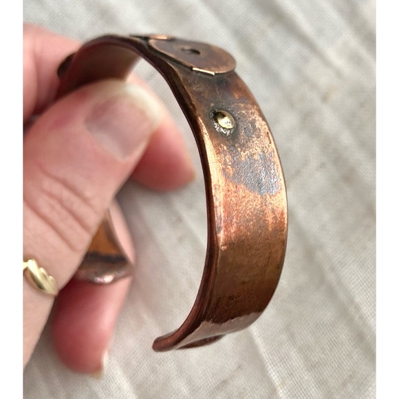 Artisan Recycled Copper & Brass Cuff Bracelet w/ Modernist Disk/Circle Design - Picture 5 of 11